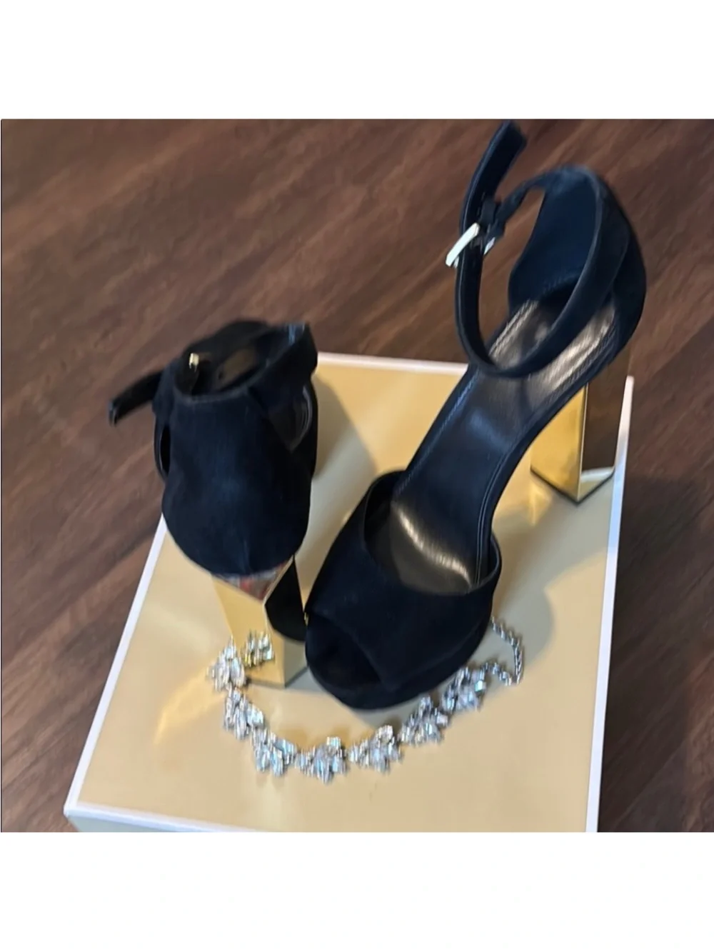 Michael Kors Black Suede Platform Sandals with Gold 3D Heel